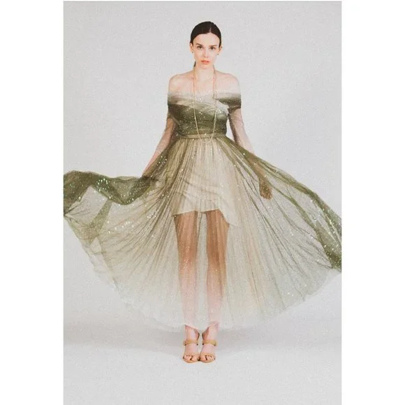 green emerald velvet dress Spaghetti Strap Empire Ruffle Trimmed Sleeves Dress Lime Green